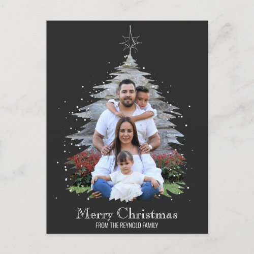 Trendy Merry Christmas Tree Silhouette Photo Gray Holiday Postcard