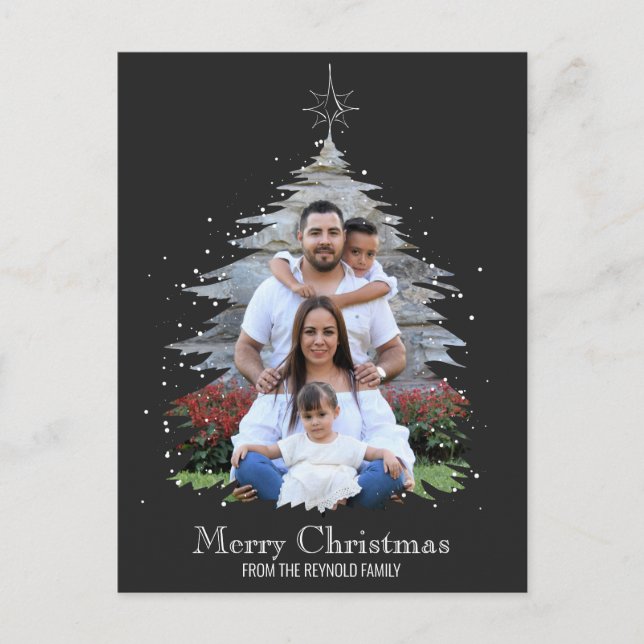 Trendy Merry Christmas Tree Silhouette Photo Gray Holiday Postcard (Front)