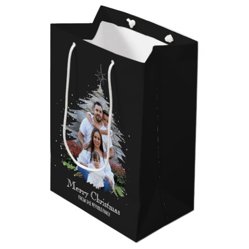 Trendy Merry Christmas Tree Silhouette Photo Gray Medium Gift Bag