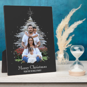 Trendy Merry Christmas Tree Silhouette Photo Gray Plaque