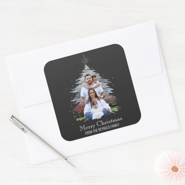 Trendy Merry Christmas Tree Silhouette Photo Gray Square Sticker (Envelope)