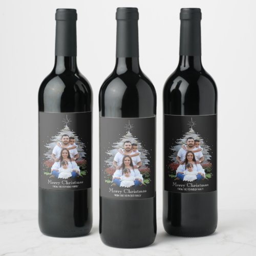 Trendy Merry Christmas Tree Silhouette Photo Gray Wine Label