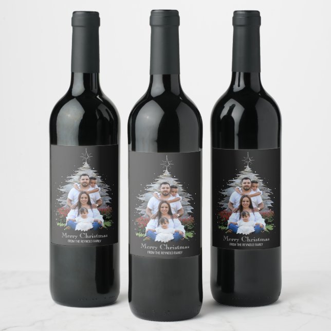Trendy Merry Christmas Tree Silhouette Photo Gray Wine Label (Bottles)