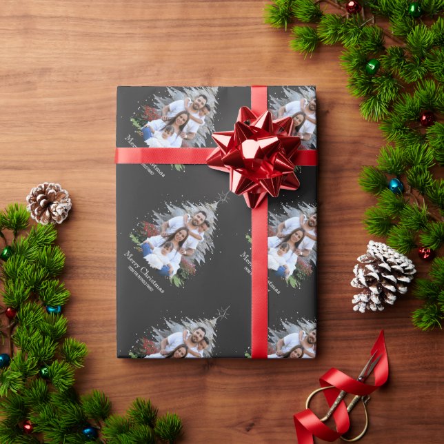 Trendy Merry Christmas Tree Silhouette Photo Gray Wrapping Paper (Holiday Gift)