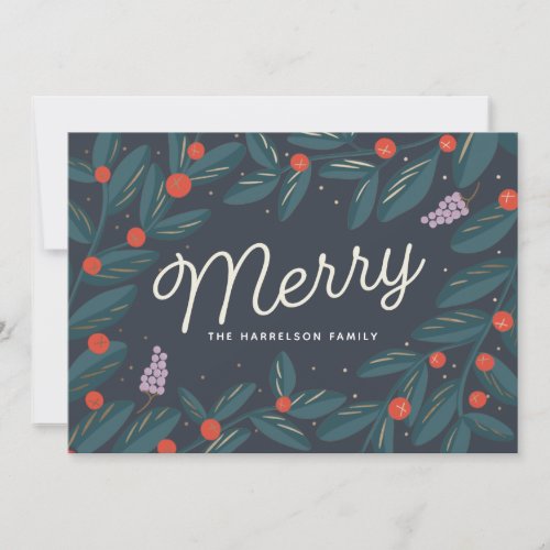 Trendy Merry Holly Berries Photo Blue Christmas