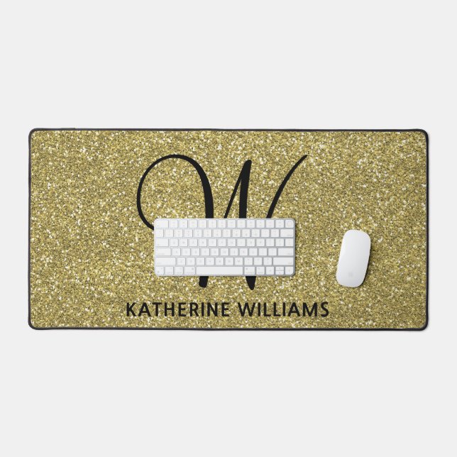 Trendy Metallic Glitter Gold Light Monogrammed  Desk Mat (Keyboard & Mouse)