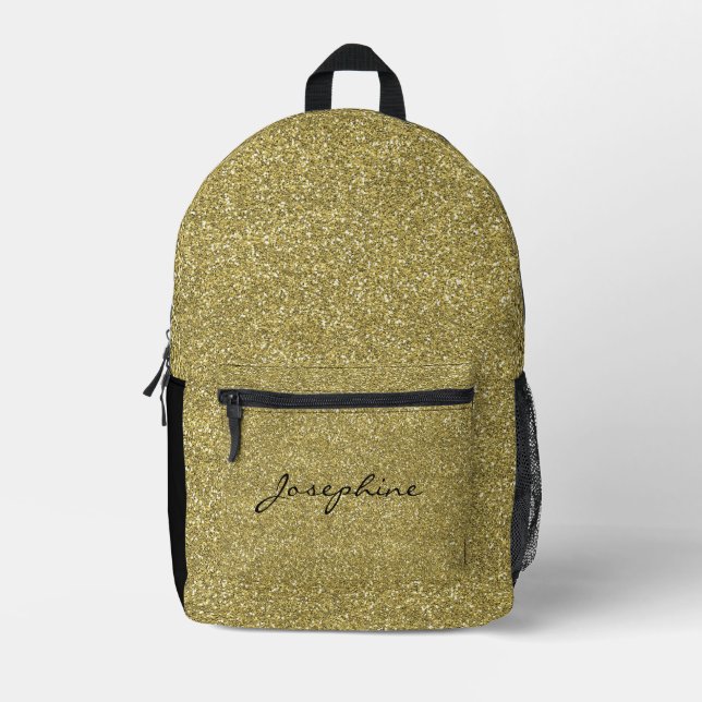 Trendy Metallic Glitter Gold Light Your Name Printed Backpack (Front)