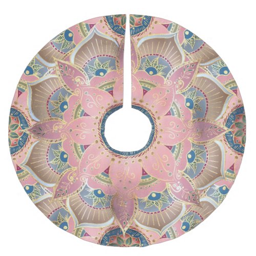 Trendy Metallic Gold and Pink Mandala Design Brushed Polyester Tree Skirt