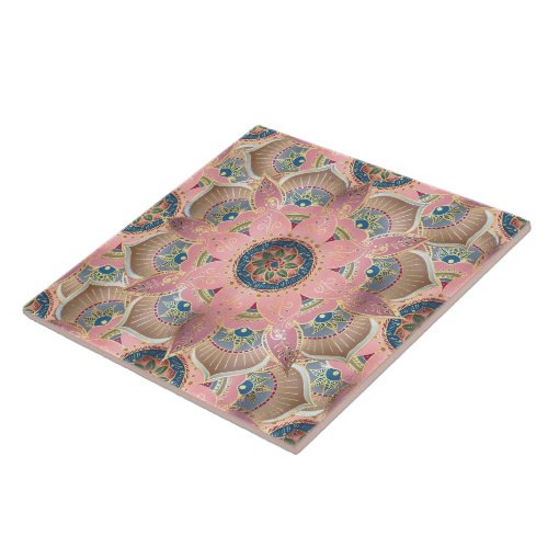 Trendy Metallic Gold and Pink Mandala Design Ceramic Tile