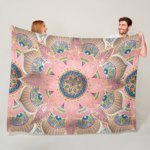 Trendy Metallic Gold and Pink Mandala Design Fleece Blanket