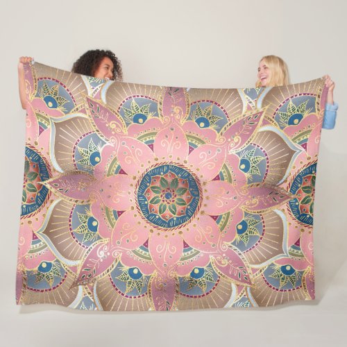 Trendy Metallic Gold and Pink Mandala Design Fleece Blanket