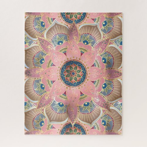 Trendy Metallic Gold and Pink Mandala Design Jigsaw Puzzle