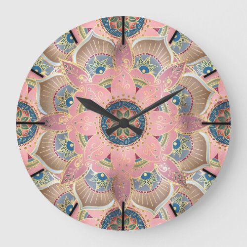 Trendy Metallic Gold and Pink Mandala Design Large Clock