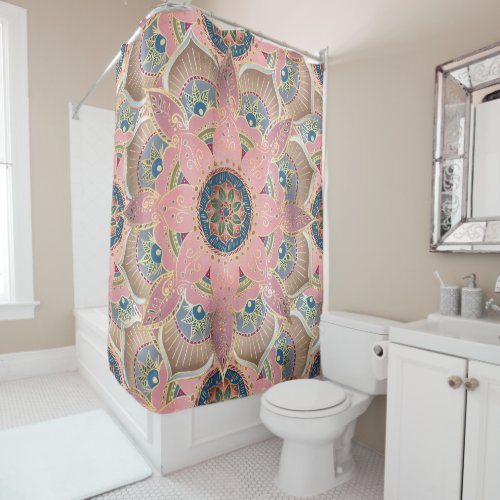Trendy Metallic Gold and Pink Mandala Design Shower Curtain
