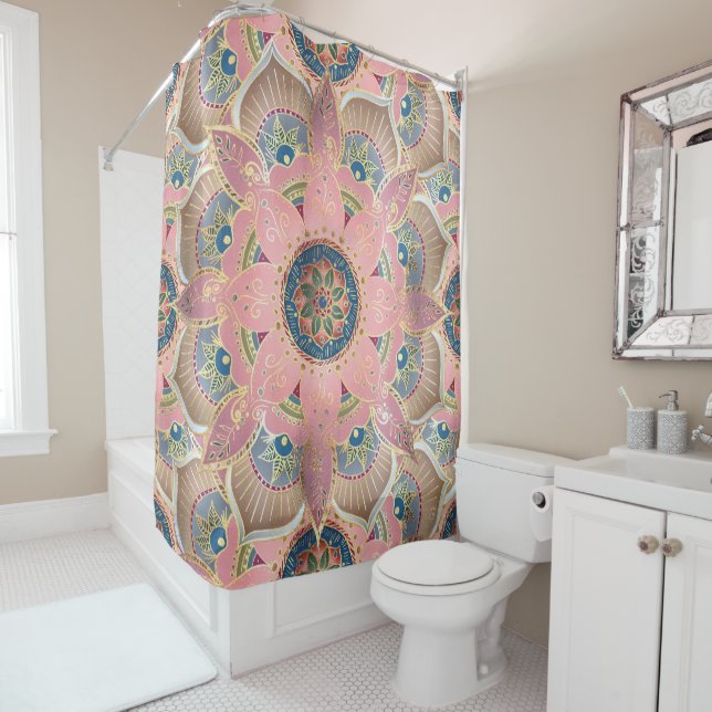 Trendy Metallic Gold and Pink Mandala Design Shower Curtain (In Situ)