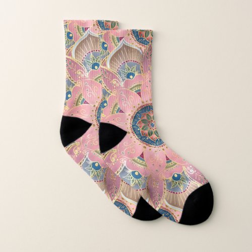 Trendy Metallic Gold and Pink Mandala Design Socks