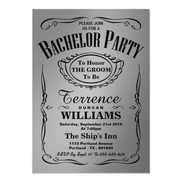 Trendy Metallic Silver Typography Bachelor Party Invitation