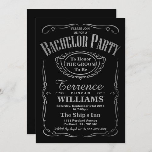 Trendy Metallic Silver Typography Bachelor Party Invitation