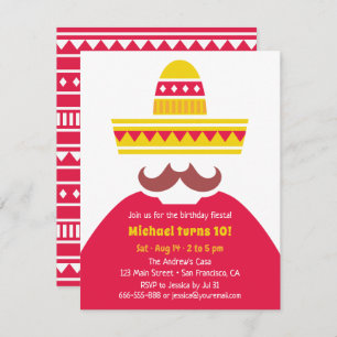 Trendy Mexican Sombrero Moustache Fiesta Party Invitation