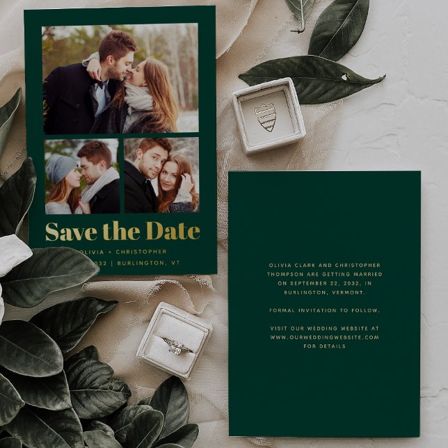 Trendy Minimal 3-Photo Green Gold Save the Date Foil Invitation (Creator Uploaded)