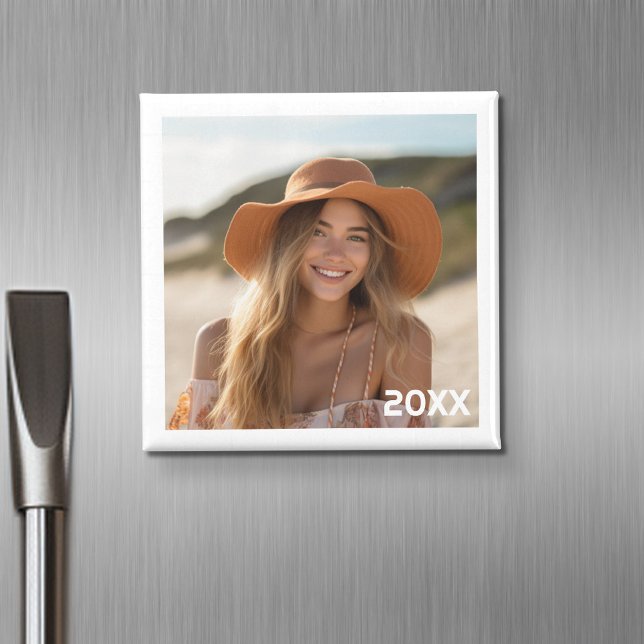 Trendy Minimal Photo Design with Year Magnet (Personalized fridge magnet with photos and custom text)