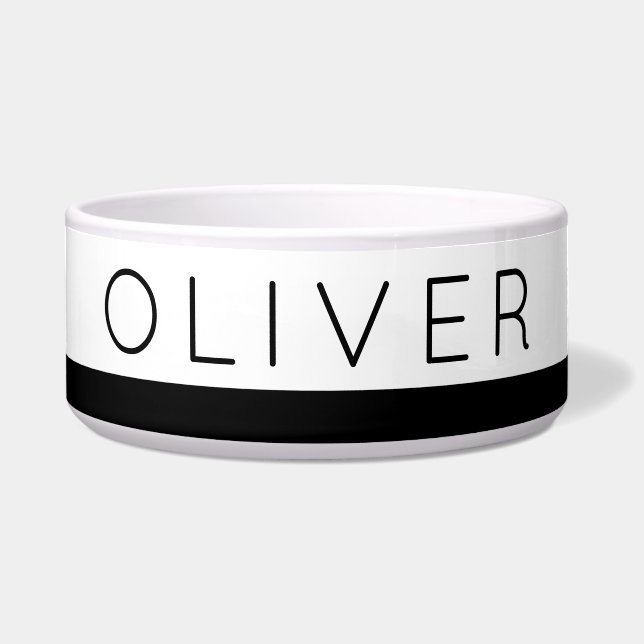 Trendy Minimalist Black Stripe Custom Dog Name Bowl (Front)