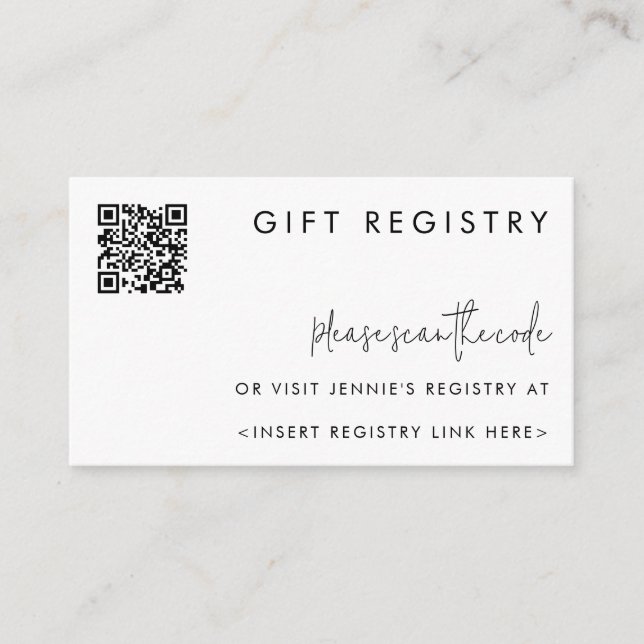 Trendy Minimalist Black & White Registry QR Code Enclosure Card (Front)