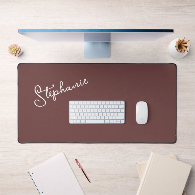Trendy Minimalist Brown Script Personalized Name  Desk Mat (Office 1)