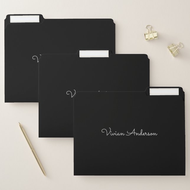Trendy Minimalist Modern Black Script Name File Folder (Set)