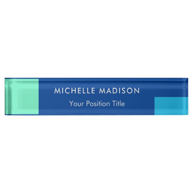 Trendy Minimalist Modern Blue Desk Name Plate (Front)