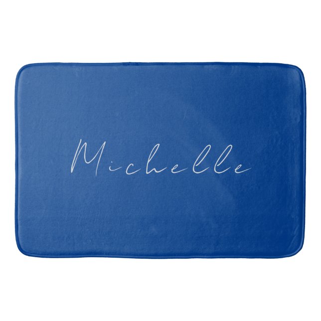 Trendy Minimalist Modern Handwritten Blue Bath Mat (Front)
