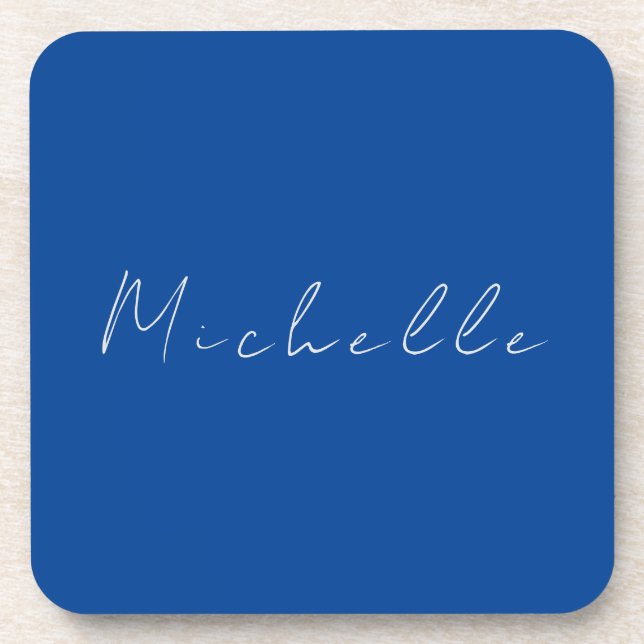 Trendy Minimalist Modern Handwritten Blue Beverage Coaster (Front)