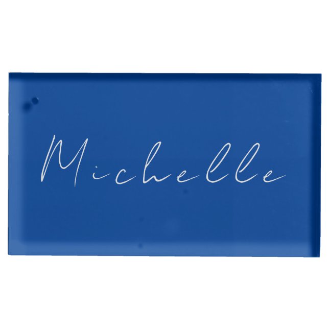 Trendy Minimalist Modern Handwritten Blue Place Card Holder (Front)