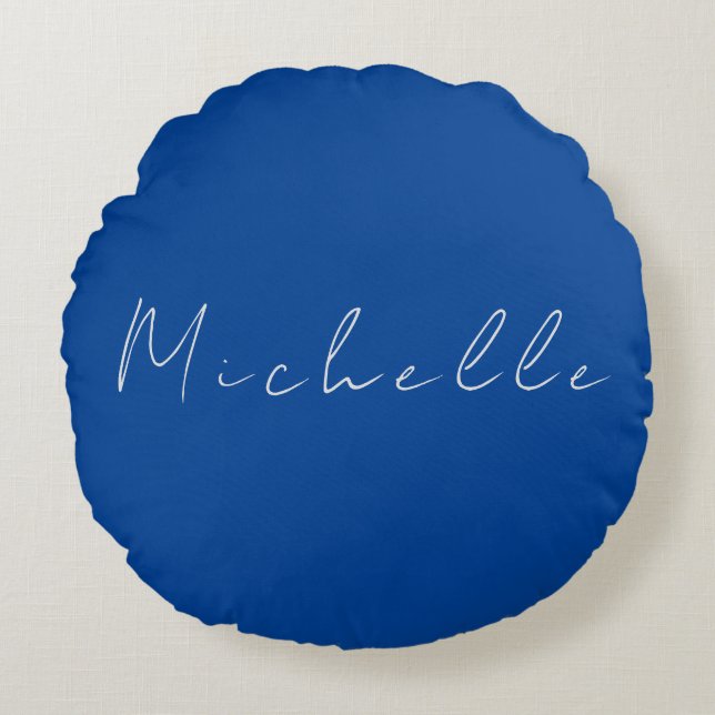 Trendy Minimalist Modern Handwritten Blue Round Pillow (Front)