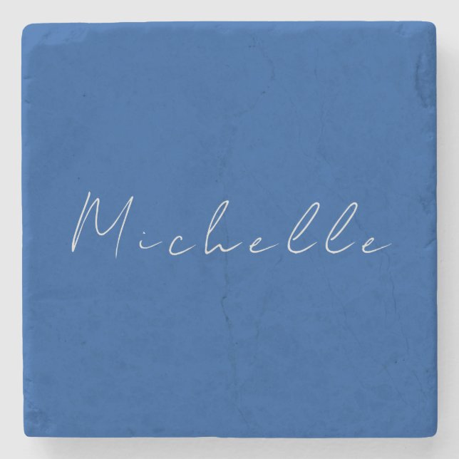 Trendy Minimalist Modern Handwritten Blue Stone Coaster (Front)