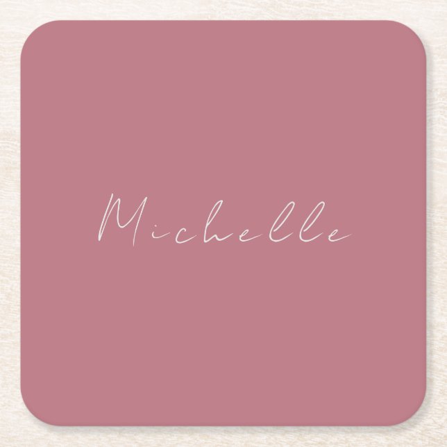 Trendy Minimalist Modern Handwritten Rose Gold Square Paper Coaster (Front)