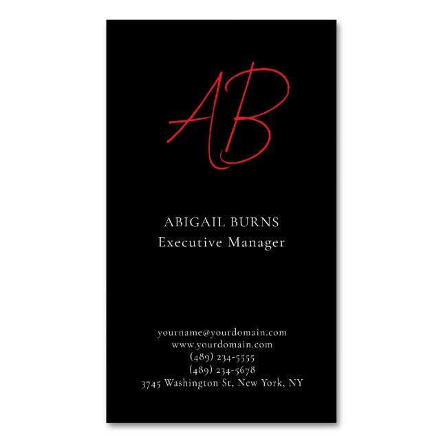 Trendy Minimalist Modern Monogrammed Plain Black Business Card Magnet (Front Vertical)