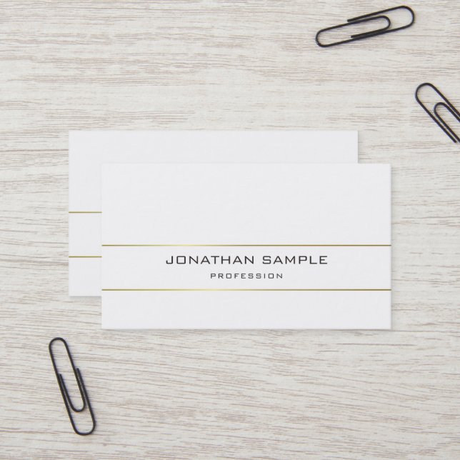 Trendy Minimalist Plain Elegant Design Gold White Business Card (Front/Back In Situ)