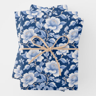 Trendy minimalist vintage Blue White Flower chinoi Wrapping Paper Sheets