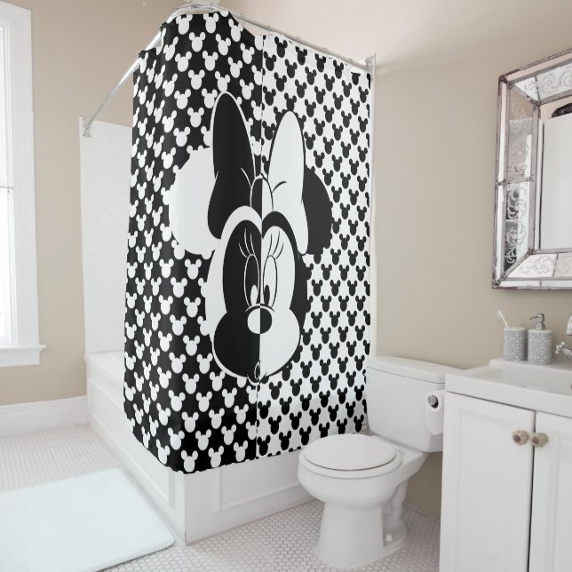 Trendy Minnie | Black & White Modern Shower Curtain (In Situ)