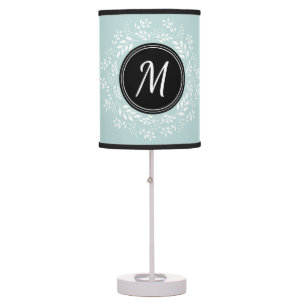 Trendy Mint Blue Floral Wreath Custom Monogram Table Lamp