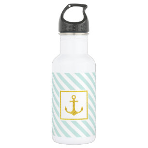 Trendy Mint Blue Pattern Golden Anchor Water Bottle