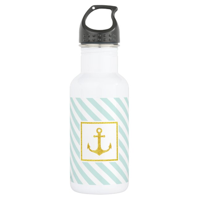 Trendy Mint Blue Pattern Golden Anchor Water Bottle (Front)