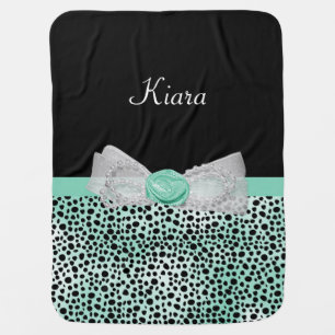 Trendy Mint Cheetah Print Girly Bow With Name Stroller Blanket