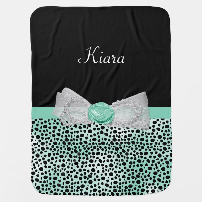 Trendy Mint Cheetah Print Girly Bow With Name Stroller Blanket (Front)