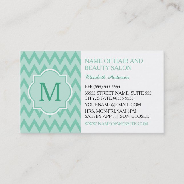 Trendy Mint Chevron Zigzag Monogram Hair Boutique Business Card (Front)