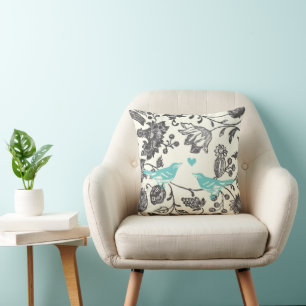 Trendy Mint Gray Vintage Modern Floral Bird Throw Pillow