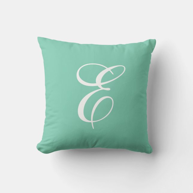Trendy Mint Green and White Monogram Throw Pillow (Front)