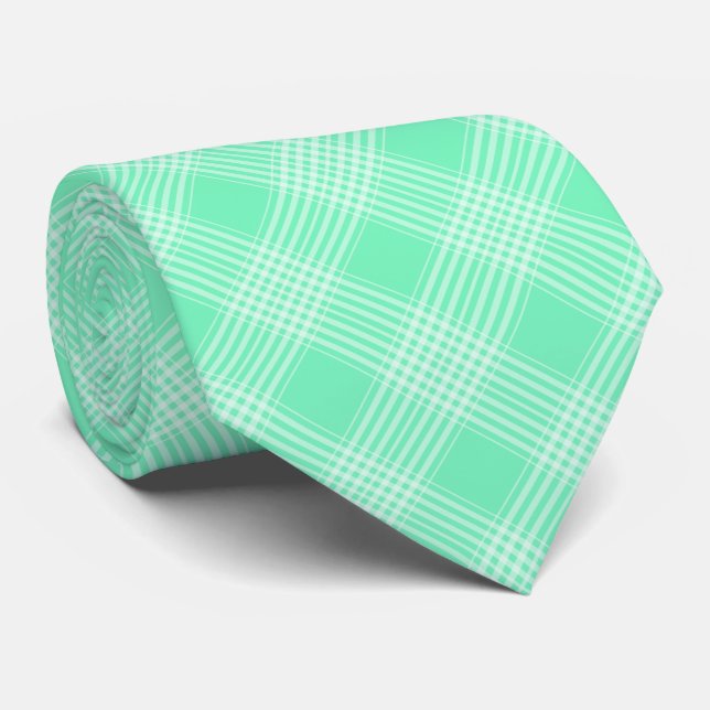 Trendy Mint Green and White Plaid Neck Tie (Rolled)