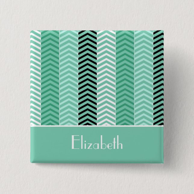 Trendy Mint Green Chevron Stripes With Name Button (Front)